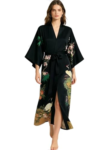 Image of Women's Classic 100% Silk Kimono Robe, Bathrobe-Printed Pattern