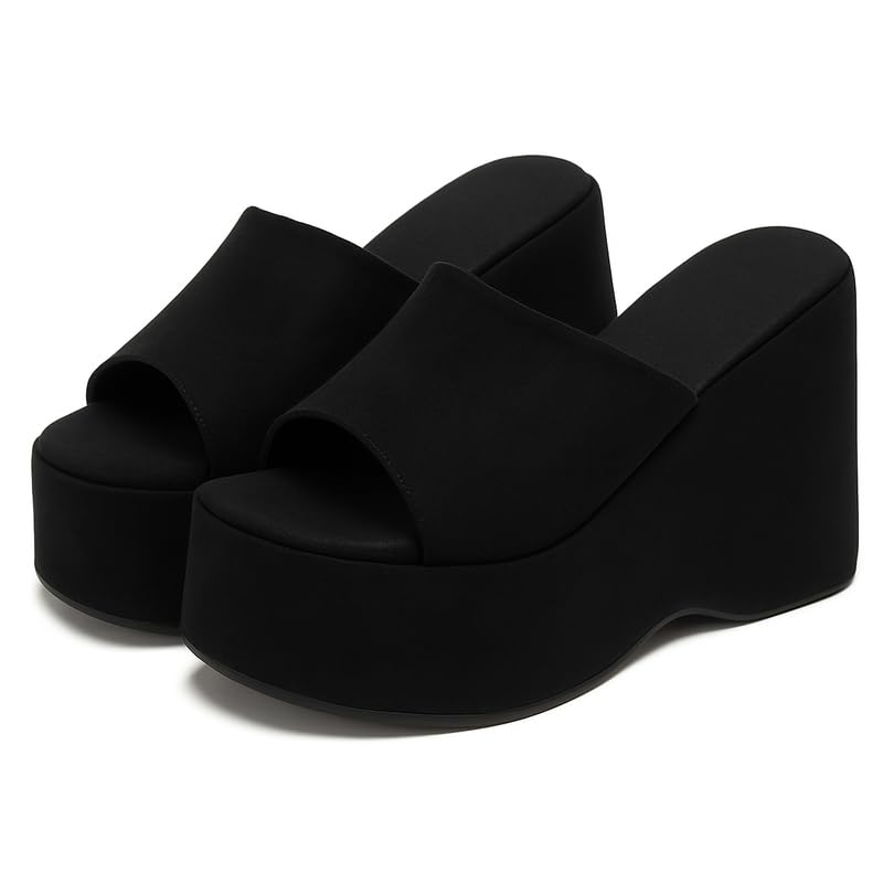 GG360 Women’s Black Platform Wedge Slip-On Heels | Trendy Open Toe Slide Sandals | Comfortable High Sole Party & Casual Use Fashion Footwear GGW-5117_40
