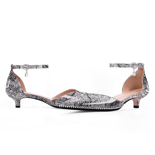 Women's Low Kitten Heel Pointed Toe Pumps Ankle Strap Patent Leather Prom Wedding Dress Shoes4