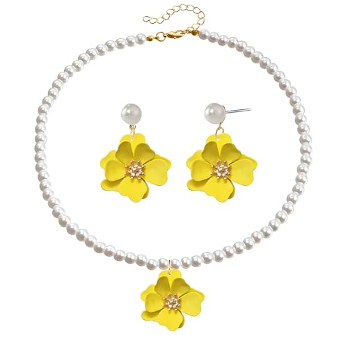 Dreuyet Bohemian Daisy Flower Earrings Necklace Set for Women Boho Layered Matte Long Petal Earring Dainty Floral Pearl Necklace Wedding Spring Holiday Jewelry (Yellow)