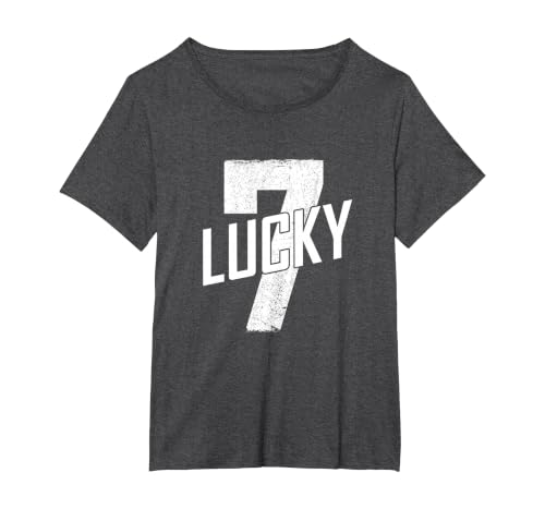 Lucky Seven Distressed in White Lucky Number 7 T-Shirt, Women's Plus, Dark Heather Grey, 3X