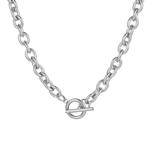 Mauzew Stainless Steel Chunky Chain Necklace for Women Thick Cuban Curb Chain Toggle Necklace Dainty Layering Silver Chain Trendy Jewelry