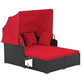 Tangkula Patio Rattan Daybed with Retractable Canopy, Outdoor Wicker Sunbed Lounger with 2 Foldable Side Tables, Thick Seat & Back Cushions, Outside Double Daybed for Garden, Backyard, Porch, Red