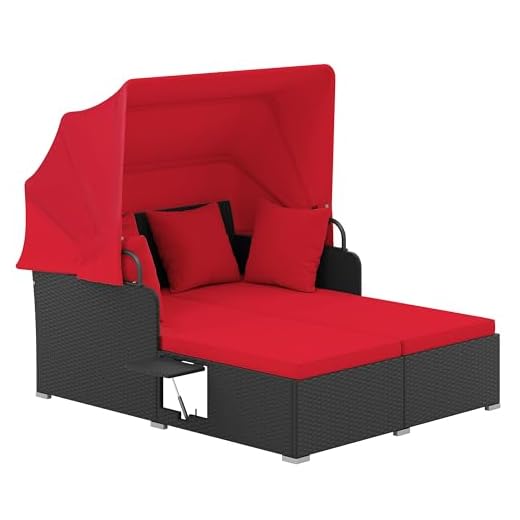 Tangkula Patio Rattan Daybed, Patiojoy Wicker Daybed Lounger w/Retractable Canopy, 2 Foldable Side Panels, Thick Seat & Back Cushions, Double Conversation Bed for Garden, Backyard, Porc (Red)