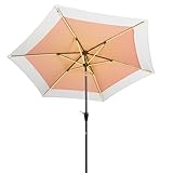 JONATHAN Y UMB1100D Spencer 9 ft. Classic Coastal 2-Tone Solar LED Market Patio Umbrella with 12 LED Strip Lights, Auto-Tilt, Crank and UV Protection in Coral Pink/White