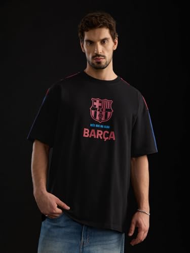 Image of The Souled Store FCB: Men and Boys Short Sleeves Round Neck Casual Lightweight Drop Shoulder Streetwear Trendy Oversized T-Shirts Black