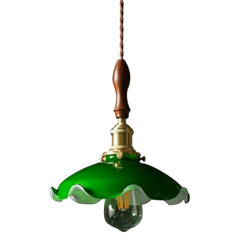 Lampe suspendue cuivre bois abat-jour verre vert style américain vintage