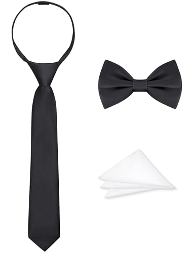 Amazingkitty 3-Piece Black Boys Tie Set Pre-Tied Bow Tie Necktie with Adjustable Zipper Pocket Square For Wedding Graduation Prom Concert & Special Events 14.96 Soild Color