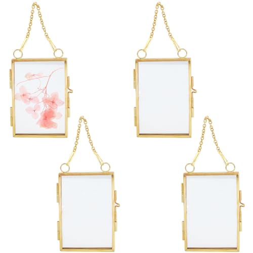 SOFPLATE 4 cadre Photo Mural en Laiton Cadre Flottant en Verre Doré Mini Rectangle Décoration Vintage pour la Maison Double Verre Transparent avec Chaîne en...