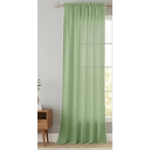 Image of HOMEMONDE Sheer Curtains with Decorative Side Border Pompom Curtain for Customize, Linen Textured Light Filtering, Rod Pocket, 1 Piece - Mint Green