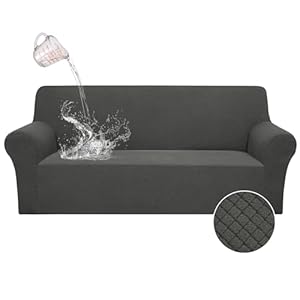 ALIECOM 100% Waterproof Couch Cover Stretch Jacquard Fabric Sofa Covers 3 Seater Universal Non Slip Elastic Sofa Slipcover 3 Seat Pet Dog Furniture Covers Protector (Large, Gray)