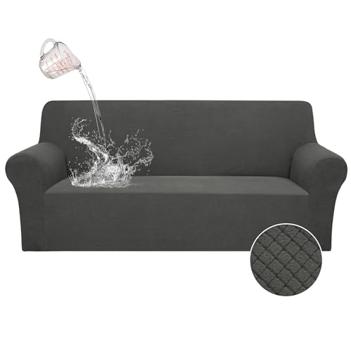 ALIECOM 100% Waterproof Couch Cover Stretch Jacquard Fabric Sofa Covers 3 Seater Universal Non Slip Elastic Sofa Slipcover 3 Seat Pet Dog Furniture Covers Protector (Large, Gray)