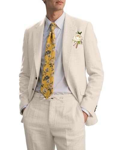 Retro Linen Mens Suit 2 Pieces Light Weight Linen Suit Set Summer Slim Fit Tuxedo Suits Jacket Blazer Drawstring Pant for Men Beige Size 3XL