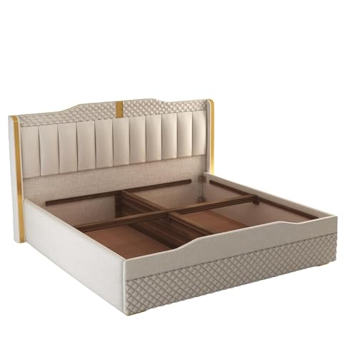 Image of Modern Upholstered Queen Size Bed with Storage | Double Bed with Box Storage & Upholstery Premium Fabric Headboard | Platform Bed for Bedroom & Hotel | Sheesham Wood | White, 6.5 x 5 Ft