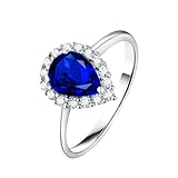 Ayoiow Alianzas de boda de oro blanco de 18 quilates para mujer, anillo de zafiro azul de 1,55 quilates, anillos de diamantes de 0,324 quilates para mujer, alianzas de boda azules