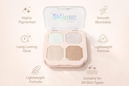 Image of AnyLady Shining My Face 4 Shade Highlighter Palette - Glowy Shimmers for Face, Cheeks & Body