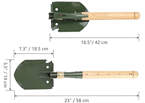 Mastiff Gears ® Wooden Handle Folding Survival Shovel W/Pick - Heavy Duty Carbon Steel Military Style Entrenching Tool For Off Road, Camping, Gardening, Beach, Digging Dirt, Sand, Mud & Snow #TOP1
