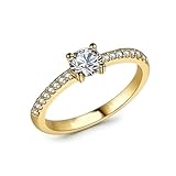 Ayoiow Anillo de boda de oro blanco de 18 quilates para mujer, solitario de moissanita con anillo de vástago de medio pavé para mujer, oro blanco de 9 quilates, 14 y 18 quilates, talla H 1/2-V 1/2, N