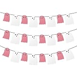 Olanrun Cute Halloween Decorations Indoor, Pink White Hanging Ghosts Banners Halloween Decor 3 Pack Pre-Assembled, Ghost Garland Banner Decor for Party Home Room Wall Mantel Bedroom Office Classroom