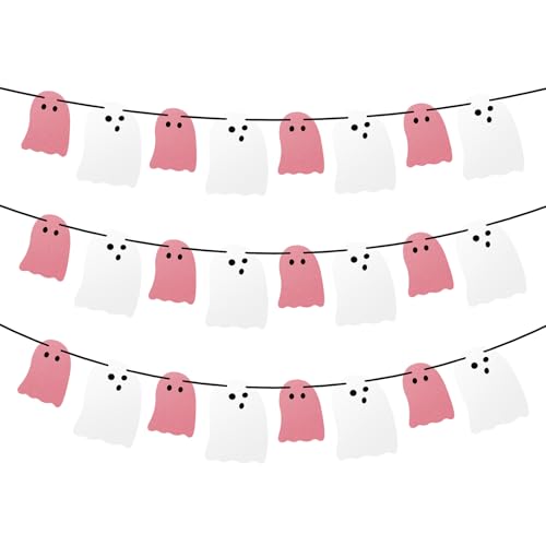 Olanrun Cute Halloween Decorations Indoor, Pink White Hanging Ghosts Banners