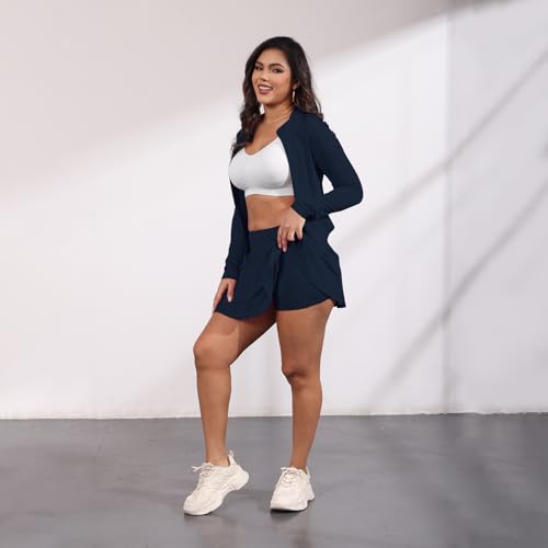 Bluewolfsea Women Sexy 2 Piece Tennis Skirt Set Long Sleeve Zipper Top and Mini Skirt Athletic Workout Outfits Sets Sweatsuit4