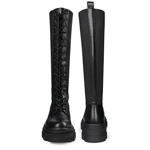 DREAM PAIRS DREAM PAIRS Knee High Boots Women, Fashion Combat Boots Chunky Platform Lace Up Lug Sole Boots For Women,Size 8,BLACK/KNITTING,SDKB221W