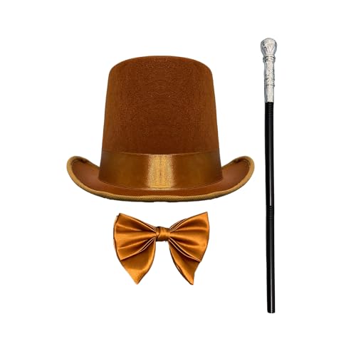EverJoy Party Brown Top Hat Bow Tie & Walking Scepter Steampunk Costume Set Inspired by Chocolate Factory Style Perfect for Halloween Cosplay & Dress-Up Events