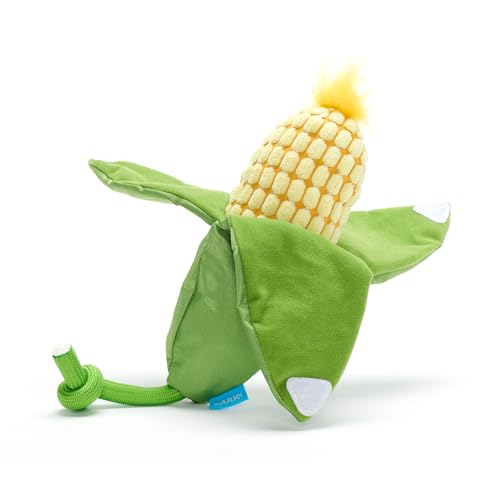 BARK Dog Toy Corn On The Slob Squeaky Toy for Dogs, Plush Corn With Green Crinkle Husks, Nyoln Rope To Play Tug