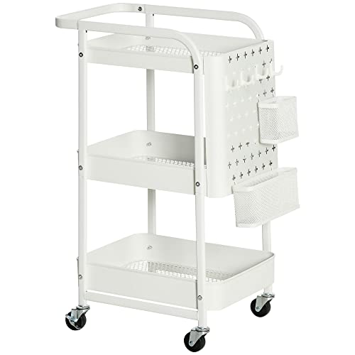 HOMCOM Desserte Chariot de Rangement pour Bureau en métal Chariot de Service à roulettes 3 Niveaux avec 2 Range-Couverts 4 Crochets dim.51,5L x 32l x 75,6H...