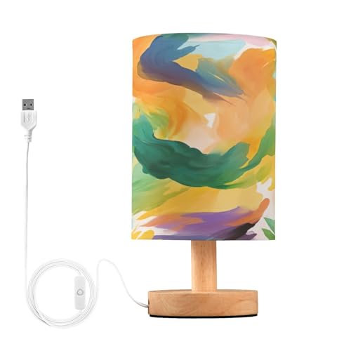 SDMKA Abstract Watercolor Texture Bedside Table Lamp for Bedroom, Minimalist Nightstand Lamp with Round Fabric Shade for Living Room, Office, No Bulb Required