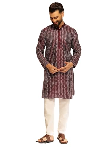Image of SOJANYA (Since 1958 Men's Silk Blend Contrast White Thread Detailing Kurta With White Pyjama