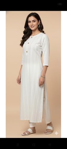Image of Women's Off-White & Blue Striped Straight Cotton Kurta with Round Neck and Decorative Buttons