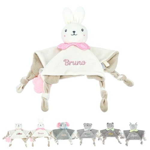 Lam Hub Fong Doudou Bébé Personnalisé avec Prénom Anneau de Dentition en Silicone et Clochette Doudou Ultra-doux 27 × 27 cm Cadeau pour Nouveau-nés Garçons Filles (Style 2)