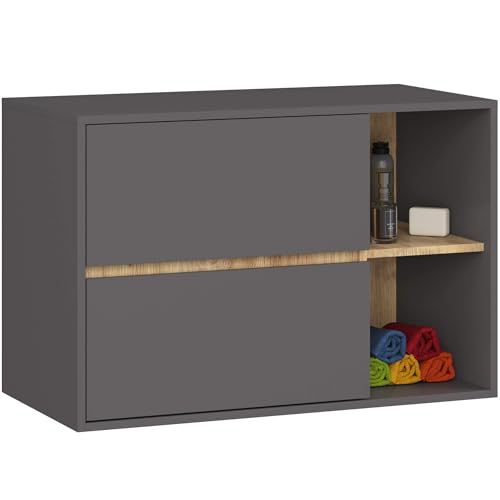 AKORD Mobile Bagno Sospeso con Lavabo - Mobile Lavabo Bagno 90 cm, 2 Cassetti - Moderno, Versatile - Per Montaggio a Parete - Vani Aperti - 90x60x45,5 cm - Grigio Grafite & Rovere Artisan