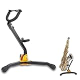 Diseño Plegable Que ahorra Espacio: Con un pasador de bloqueo, este soporte para saxofón se pliega de forma compacta para facilitar su almacenamiento, minimizando el espacio que ocupa cuando no se utiliza. Ideal para el hogar, el estudio o el transporte en vehículo