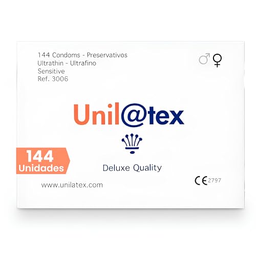 Preservativos Naturales Sin fragancia 144 Unidades Unilatex Ultrafinos Sensitive Látex Lubricados 54 mm x 0.060 mm x185 mm Sin Olor Fragancia Sin Sabor Transparente Ergonómico Caja 144 Preservativos