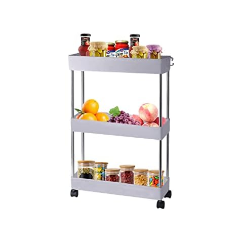 Schlanker Aufbewahrungswagen, 3 Etagen, mobiles Regal, Organizer, herausziehbares Rollwagen, Regal für Küche, Badezimmer, Waschküche, schmale Orte, Kunststoff und Edelstahl Cover