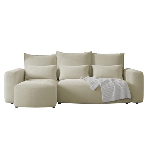 4ALL HOME Canapé d'angle convertible Travis 248 x 148 cm avec tiroir de lit, canapé d'angle, en forme de L, canapé convertible, universel, Onega 14 écru