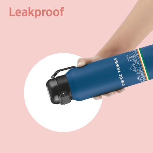 Image of Milton Dual Flow 600 Thermosteel Vande Mataram Water Bottle 595 ml, One Touch Safety Lock & Twin Lid Sip or Gulp,Long Hours Hot & Cold,Leak Proof,ISI Certified,Vacuum Insulated,Office,Gym,School,Blue