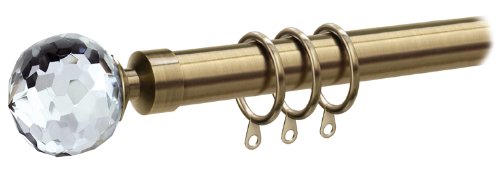 Pristine Extendable Curtain Pole - 2 Sizes, 3 colour Poles with choice of 3 Finials (120cm - 210cm, Antique Brass Pole with Crystal)