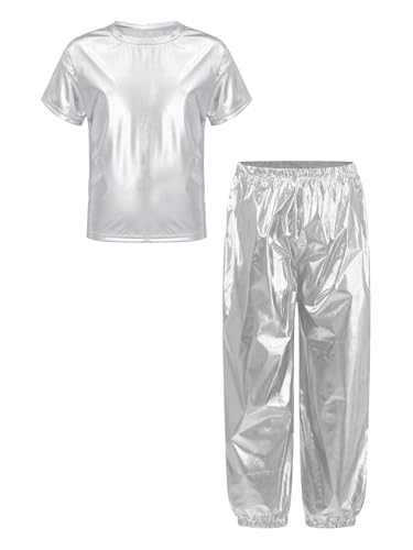 Lista de Camisetas de manga corta para Niño - solo los mejores. 45 Lejafay Brillante Conjunto De Baile Metálico Para Niños Camiseta De Manga Corta Con Cuello Redondo Y Pantalón Con Cinturón Elástico Moderno Conjunto Baile Plata 7-8 Años