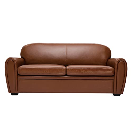 Miliboo Canapé Convertible Vintage 3 Places Cuir Marron et Bois Noir avec Matelas 9 cm Club
