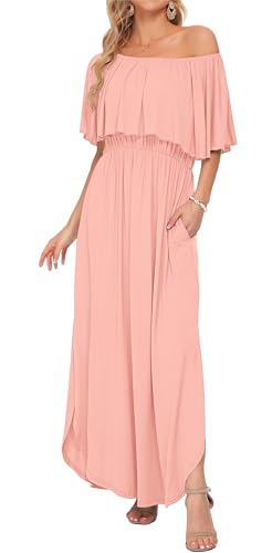 Image of AUSELILY Womens Off Shoulder Ruffle Split Summer Maxi Dresses with Pockets | Off-shoulder Ruffle dress with empire waist & side split for summer beach and casual parties