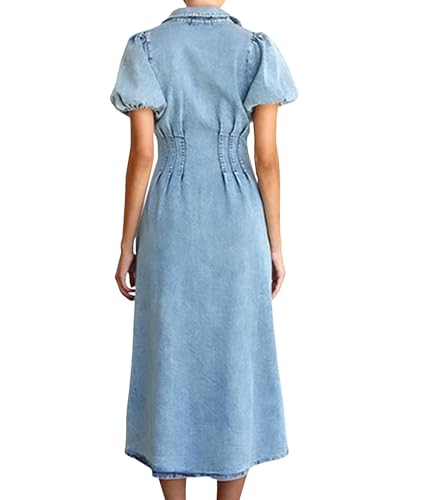 Sexyshine Women's Button Down Denim Long Dress Puff Sleeve Ruched Slim Fit High Waist Lapel Collar Jean Shirt Dress3