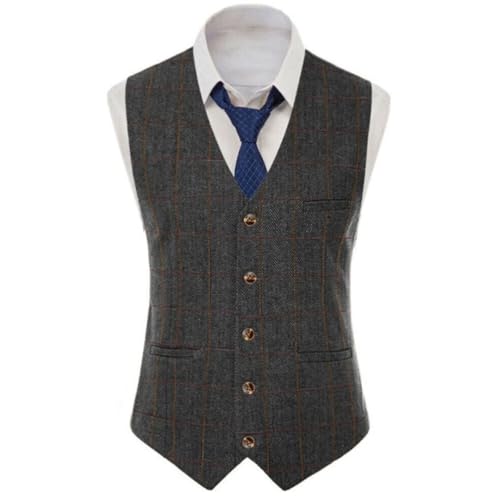 Men Brown Checkered Vintage Slim Single Breasted Fit Banquet Business Temperament Suit Vest3