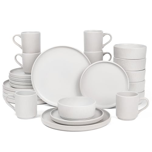 Image of OTAGO 24-Piece Dinnerware Set for 6 with Mugs, Ribbed Stoneware Plates and Bowls Sets, Unique Handcrafted Reactive Glaze, Chip and Scratch Resistant Dish Set, Microwave & Dishwasher Safe, White