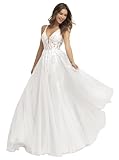 HUINI Spitzen Tüll Brautkleid Langer V Ausschnitt A Linie ärmellos Strand Hochzeitskleid für die Braut mit Schleppe Weiß 38