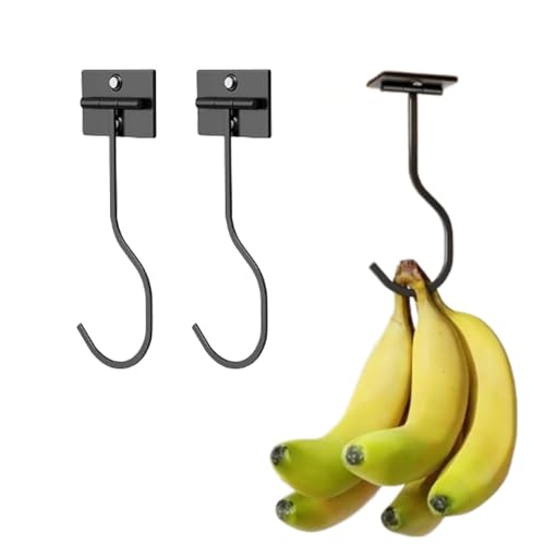 LIANRISES 2pcs Stick On Banana Hook Hanger Under Cabinet, Metal Banana Tree Stand Holder, Foldable, Keep Fresh, Folds Up with Magnets When Not in Use