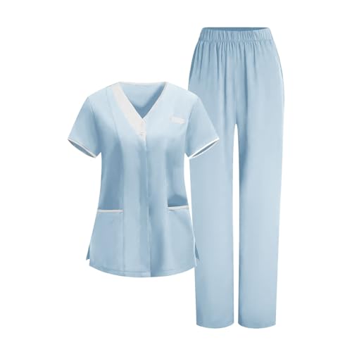 Image of 2026 Scrub for Cleaning Jobs Uniform, Multi Pockets Scrubs for Women Sets, V-Neck Top & Straight Leg Pants Scrubs Set