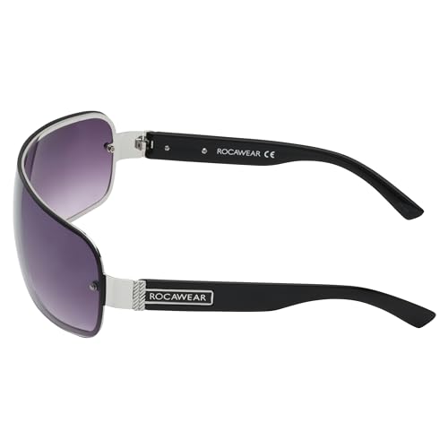 Image of Rocawear R1527 Metal Shield UV400 Protective Rectangular Sunglasses. Gifts for Men with Flair, 142 mm, Silver & Black